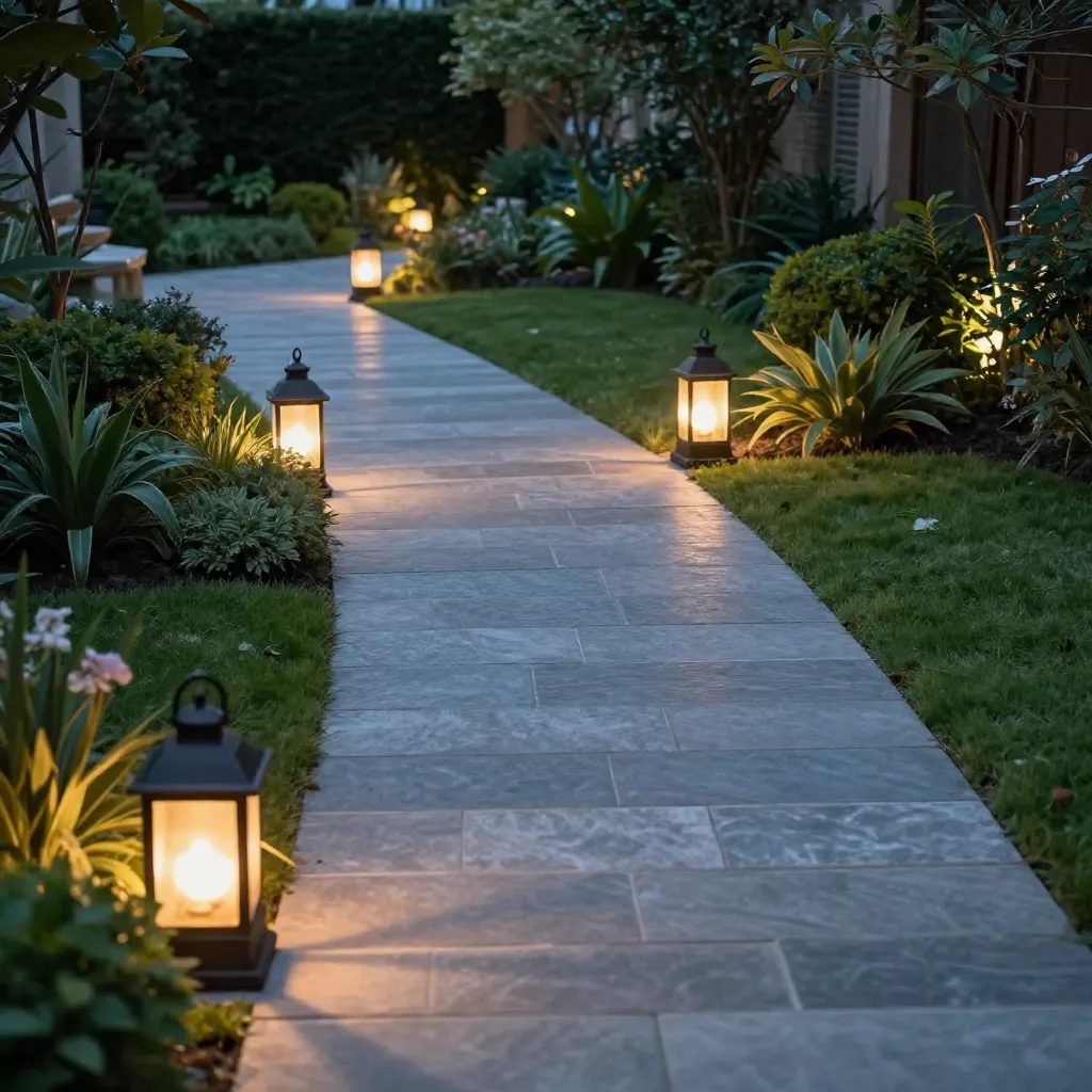 Garden pathway with elegant lighting