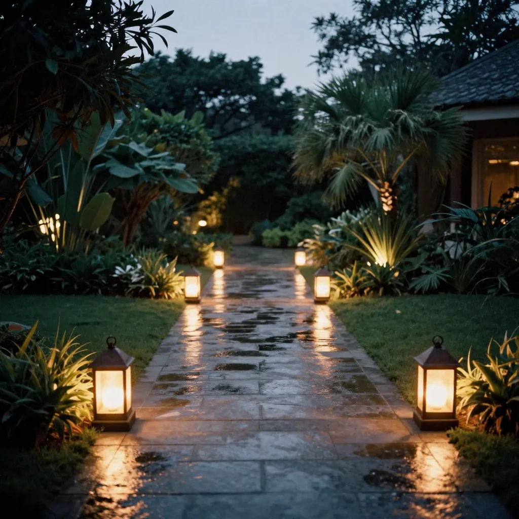 Evening garden with warm lights